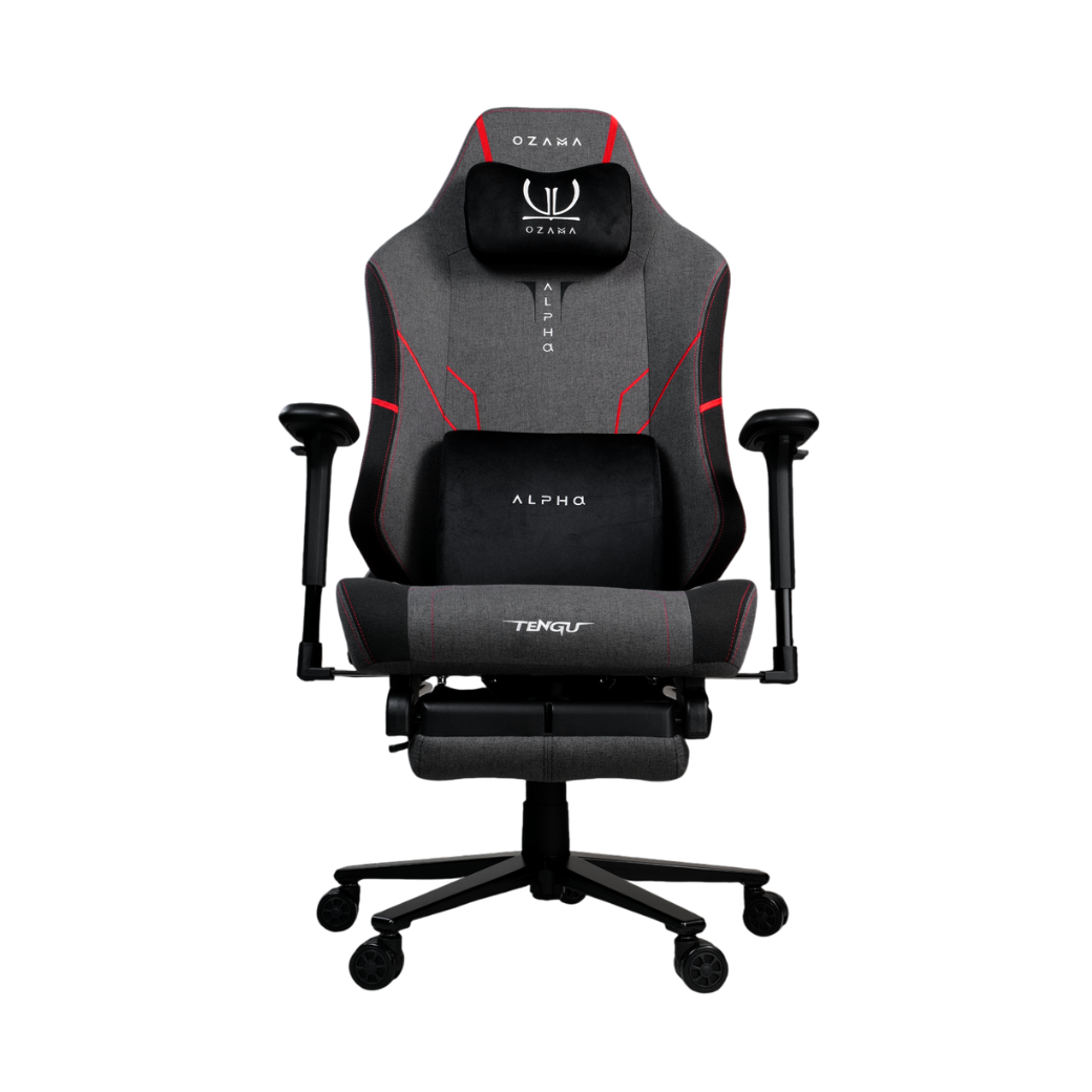 บัลลังก์เกมมิ่ง OZAMA ภายใต้แบรนด์ TENGUGAMINGGEARS รุ่น ALPHA TITAN FABRIC (CH-APT-F-RDF) สีดำแดง เบาะผ้า มีที่พักเท้า